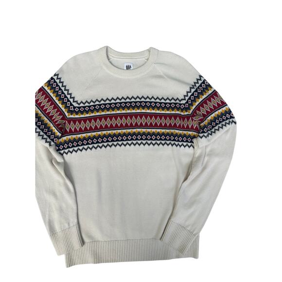 Gap Medium Fair Isle Beige Cabincore Lagenlook Normcore 100% Cotton Sweater - Picture 1 of 6